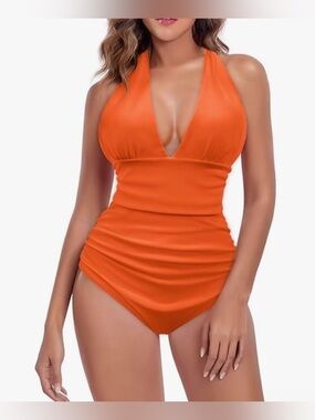 Cupshe Orange Halter Ruched One-Piece Swimsuit